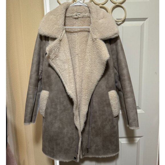 Faux Sherling Thick Winter Coat, Ash Grey with Beige Faux Fur, Zip up, New - Picture 1 of 6